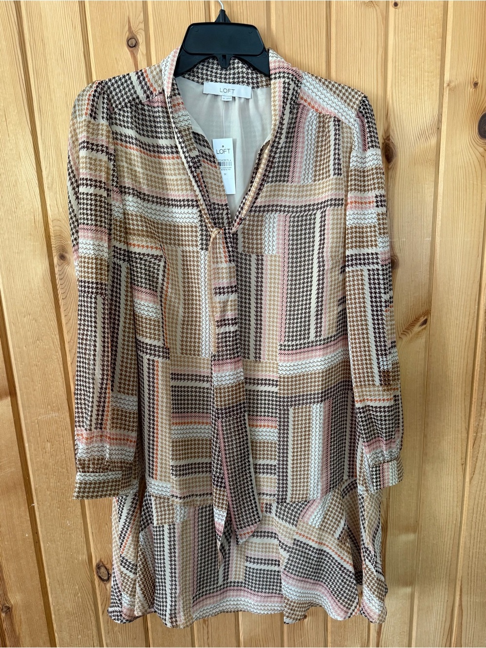 NWT LOFT Neutral Plaid Tie-Neck Dress - Beige & Pink